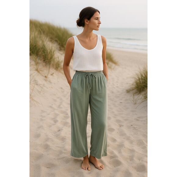 C&C California Coastal Wide Leg Pants S Green Drawstring Waist Soft Boho Beachy - Picture 12 of 12